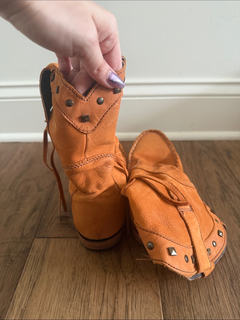Vintage Orange Leather Studded Slip-On Boots - Picture 3 of 5